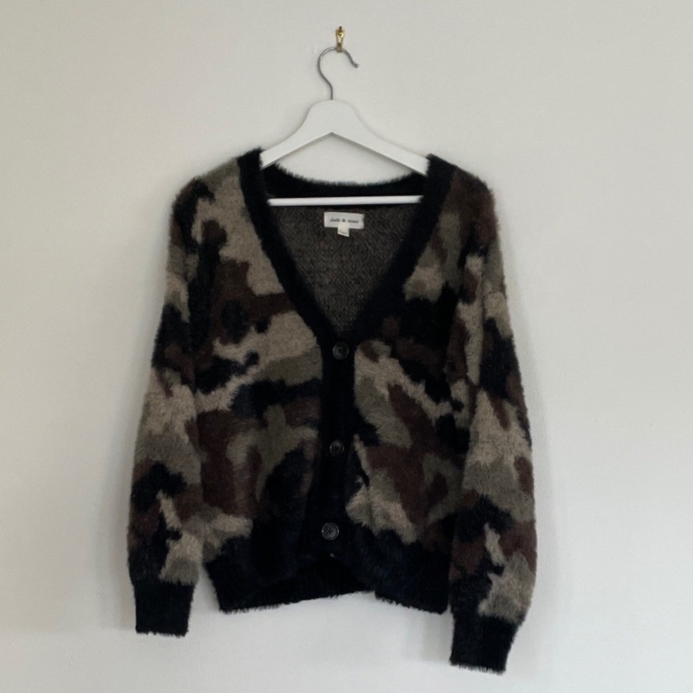 Cloth & Stone Womens Camo Eyelash Knit Cardigan Sweater Green Brown Black Medium